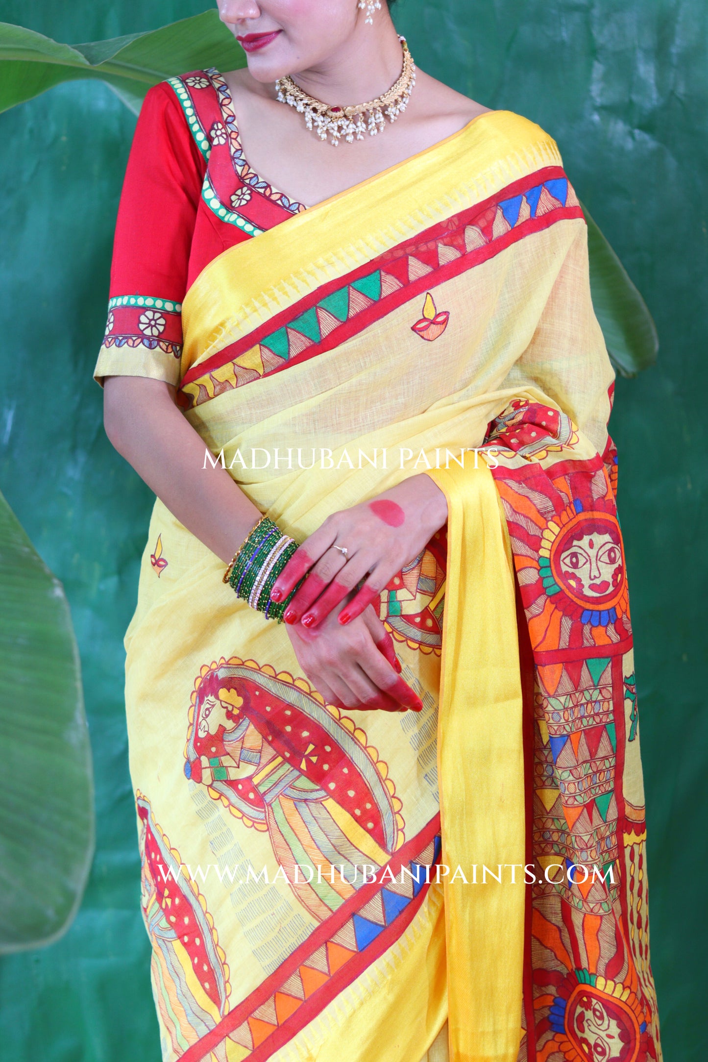 Chhath Puja Handpainted Madhubani Handloom Cotton Saree Blouse Set