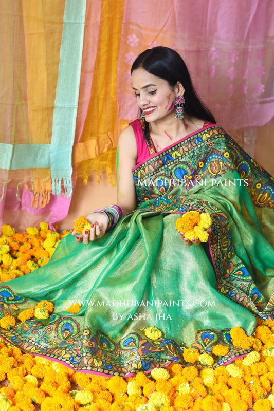GULAL Hand-painted Madhubani Tissue Linen Saree