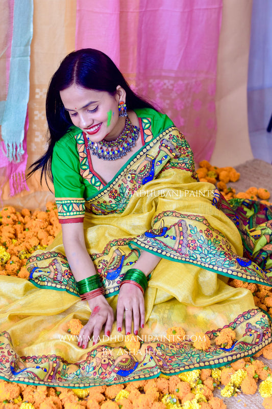 UMANG Hand-painted Madhubani Tissue Linen Saree