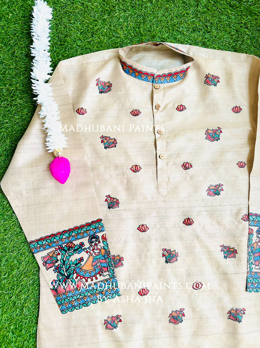 Radha Krishna Mayuri Hand-painted Handloom Men's Tussar Silk Kurta