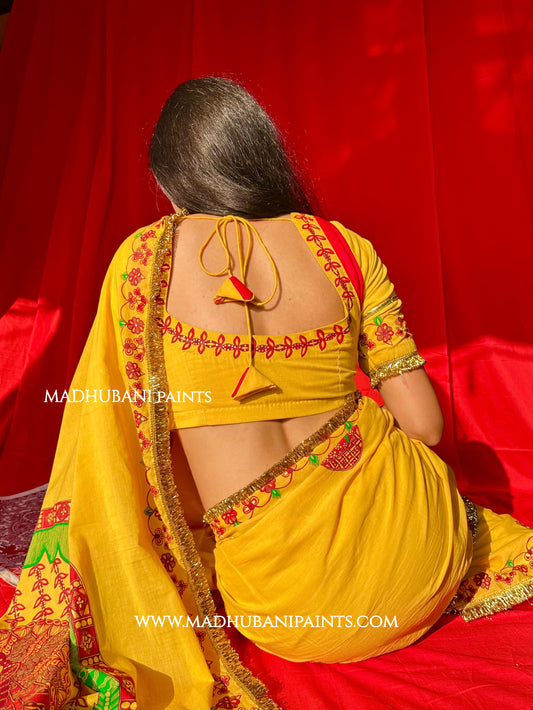 Swayambar Bihari Bridal Hand-painted Madhubani Painting Saree Blouse Set