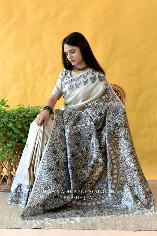 KAMAL MANDALI Hand-painted Madhubani Tussar Silk Saree Blouse Set