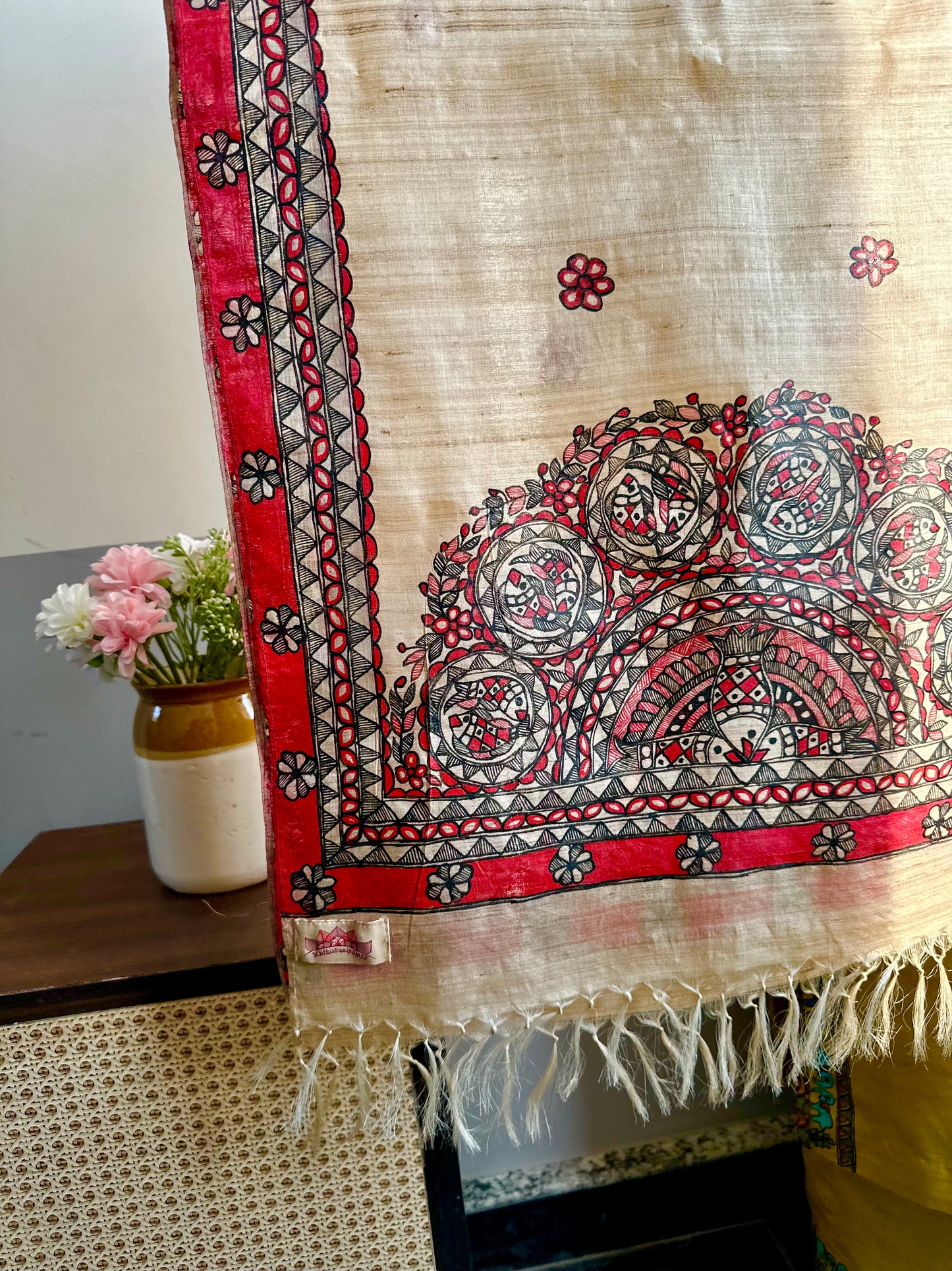Matsya Red Black Hand-painted Madhubani Tussar Silk Stole