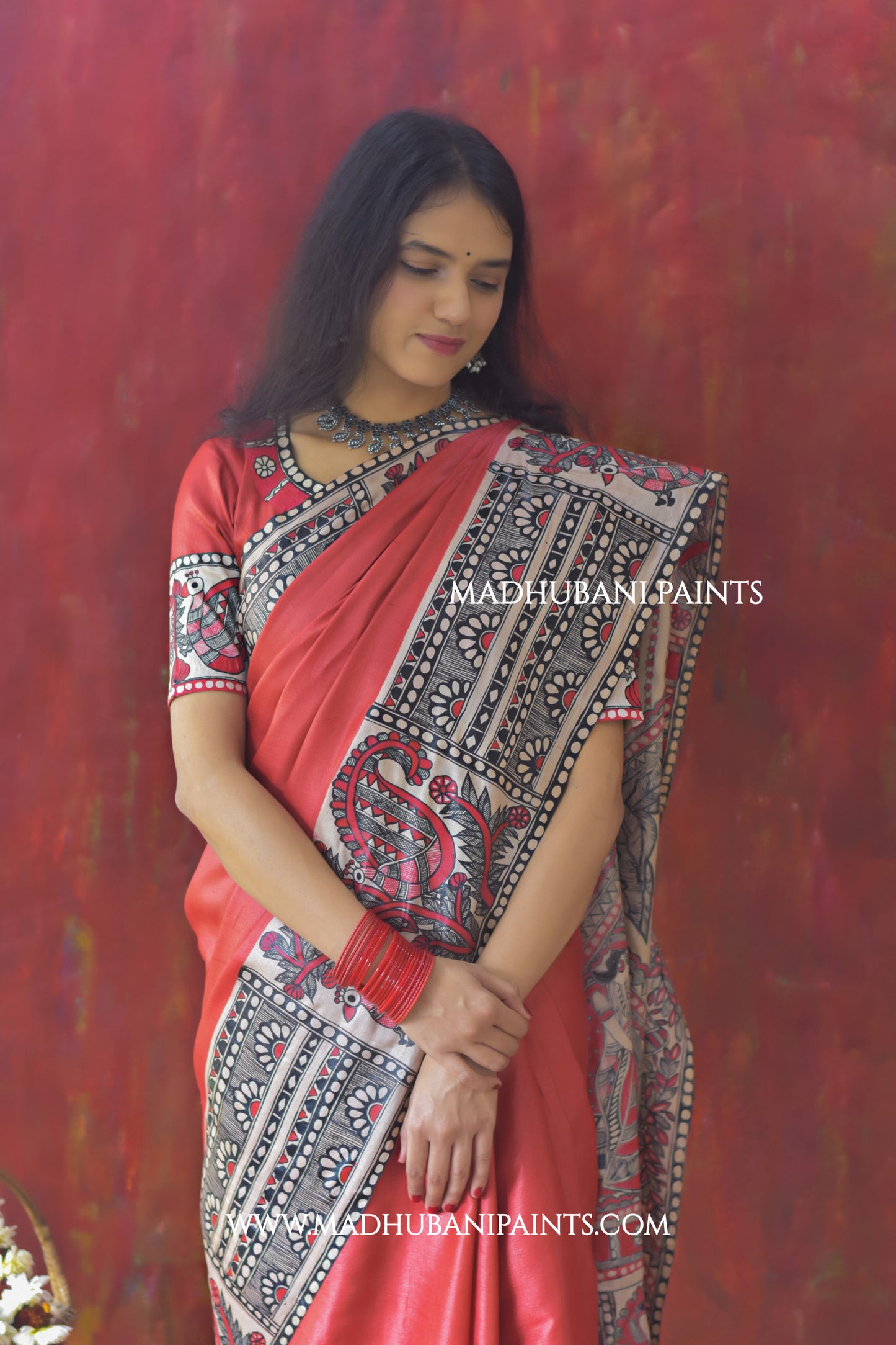 RED BENGALI WEDDING Hand-painted Madhubani Tussar Silk Saree