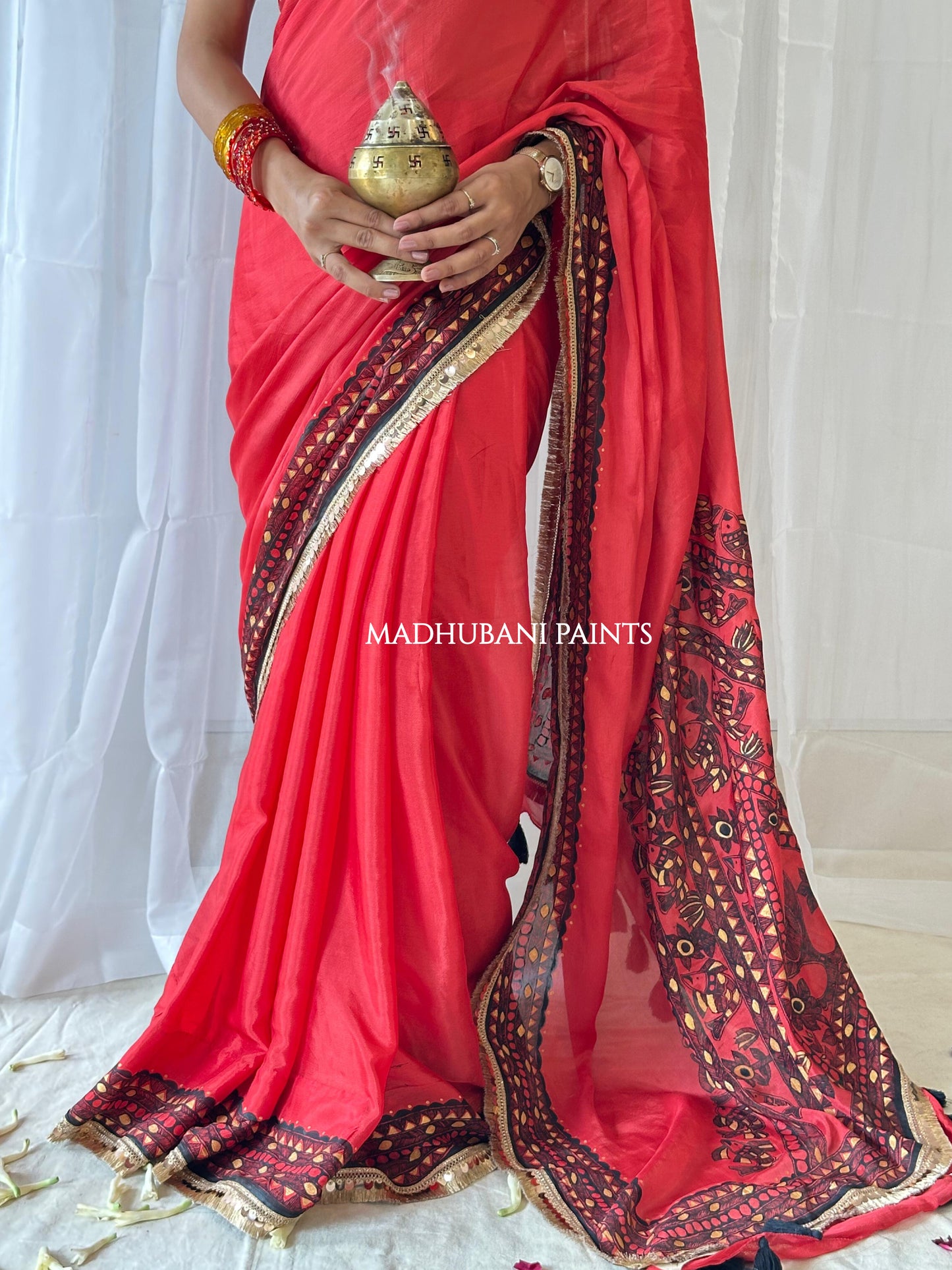 LAAL BRIDAL Hand-painted Madhubani Chiffon Saree Blouse Set