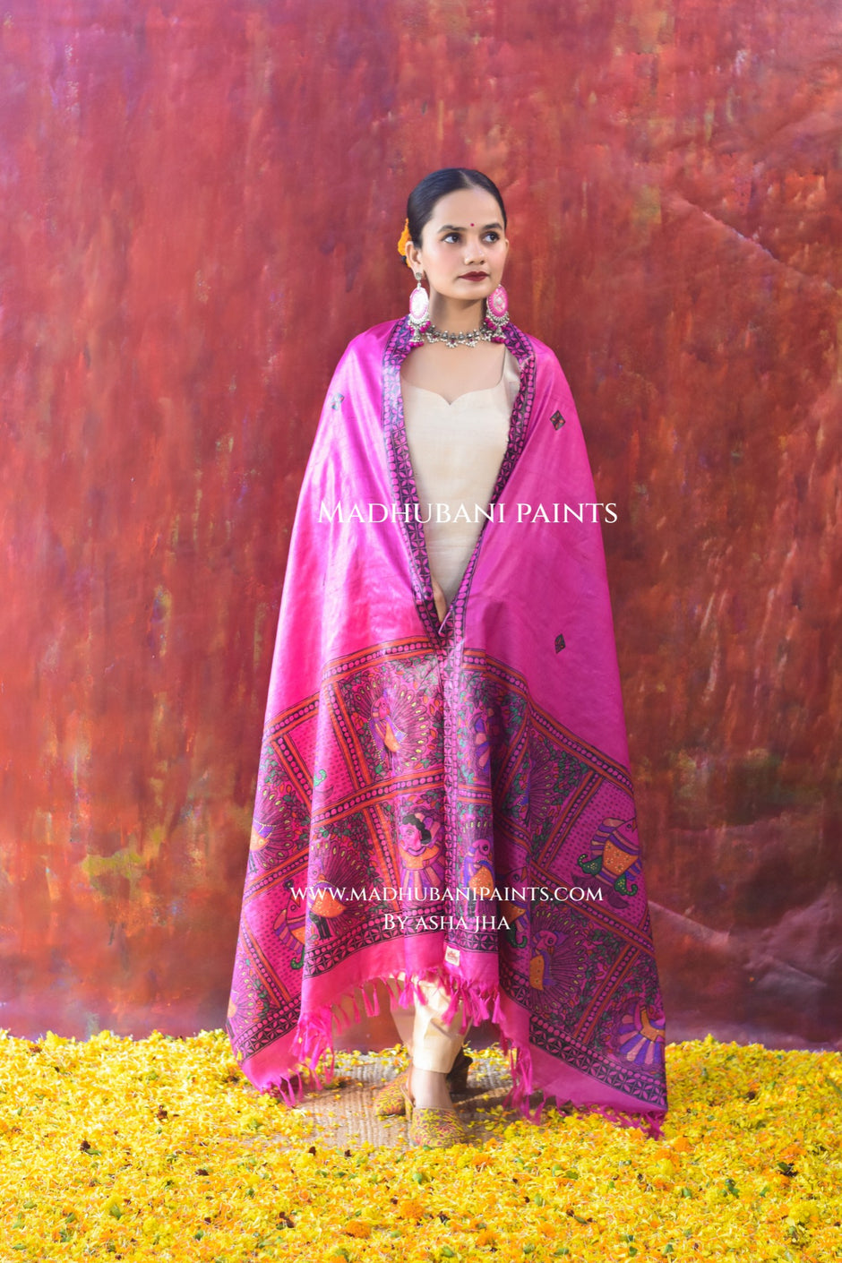 White - Handloom Chanderi Silk Handpainted Madhubani Dupatta 16