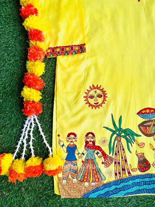 Yellow Chhath Puja Hand-painted Madhubani Men's Cotton Kurta