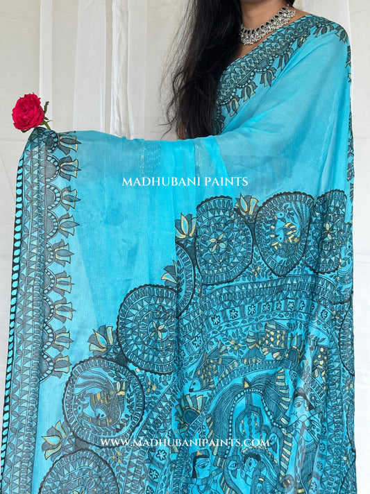Aasmani Doli Hand-painted Madhubani Chiffon Saree