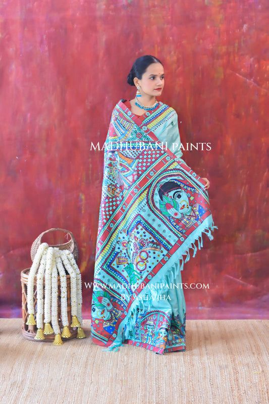 AASMANI MANGALYA Hand-painted Madhubani Tussar Silk Saree Blouse Set