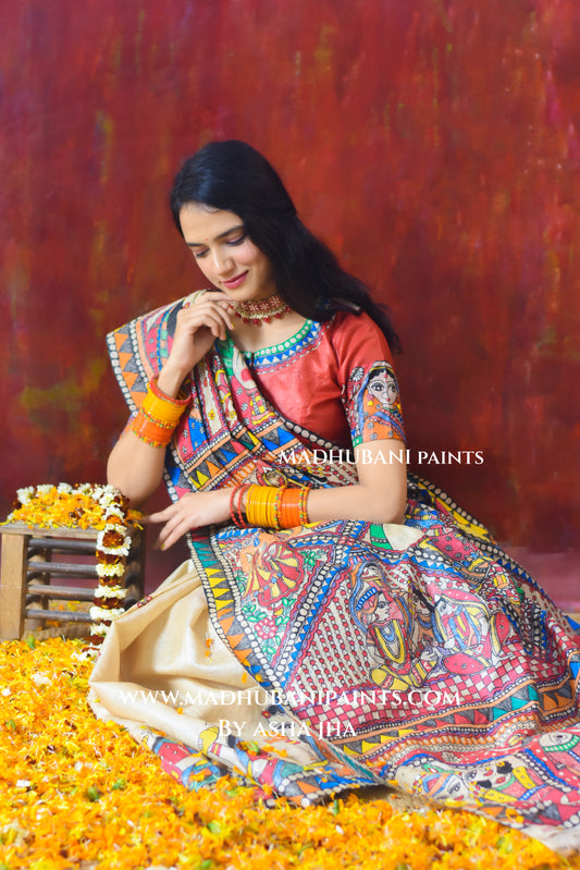 Bengali Vivah Hand-painted Madhubani Tussar Silk Saree