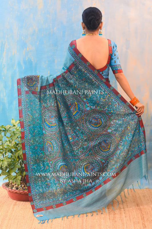 AASMANI MAYURI Handpainted Madhubani Chanderi Saree
