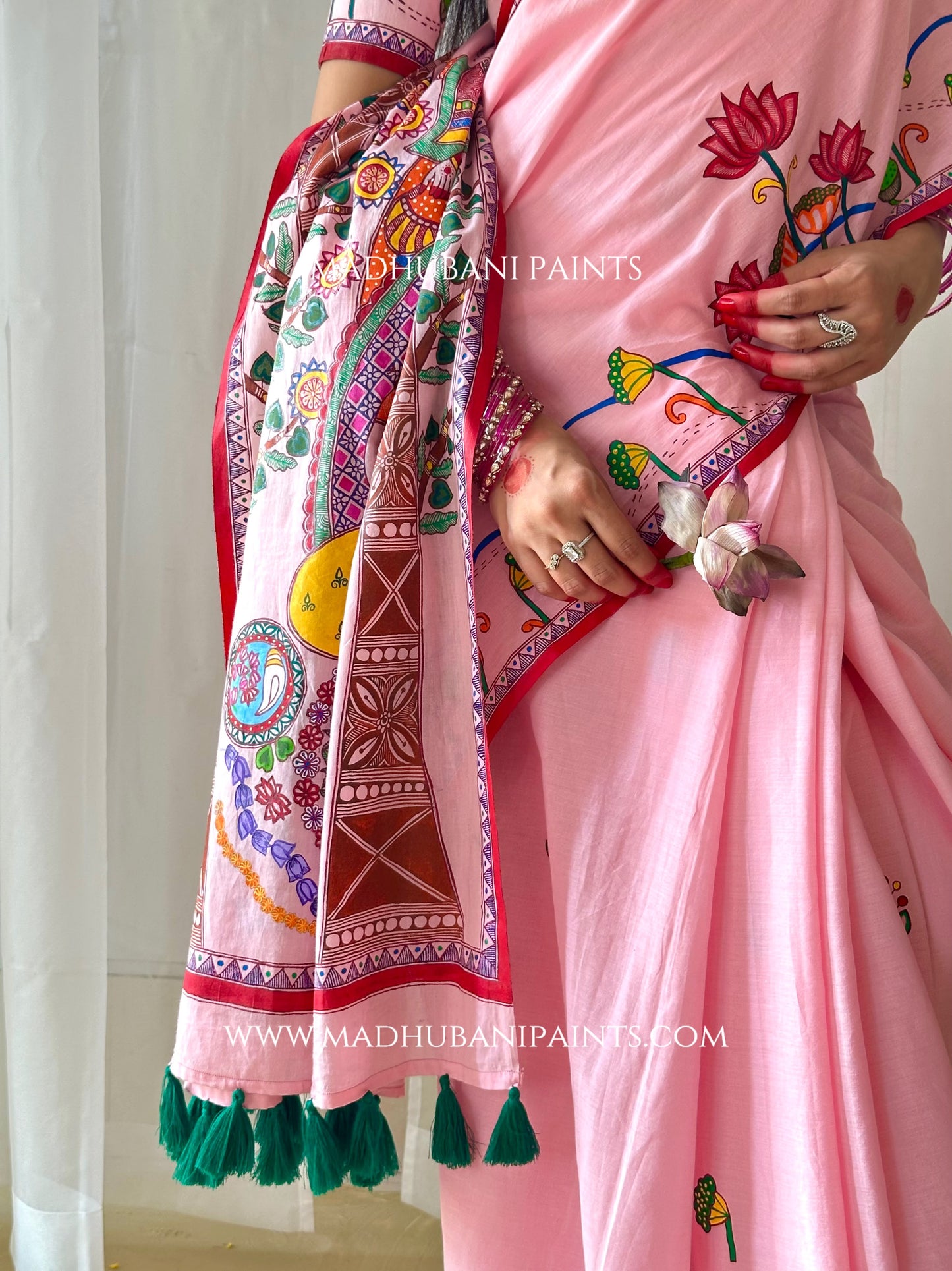 Madhushravani Pink Bridal Hand-painted Madhubani Painting Cotton Saree