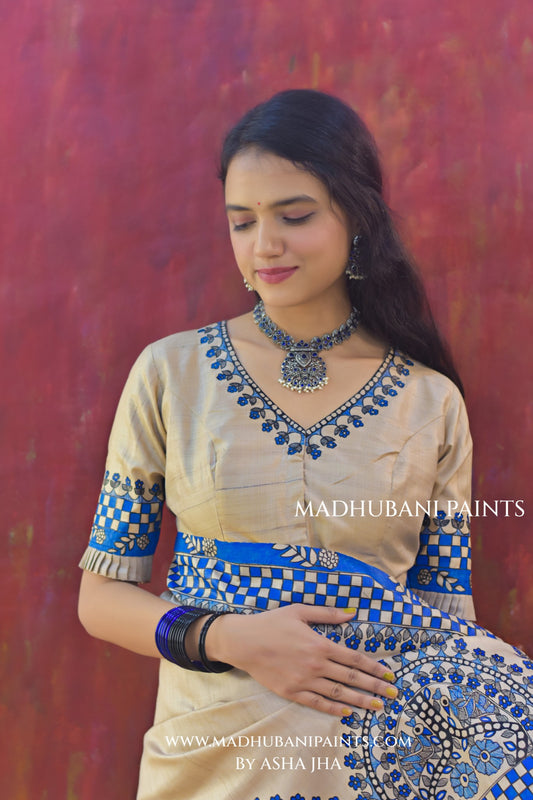 'NEELAKANTH' Tussar Silk Hand-Painted Madhubani Saree