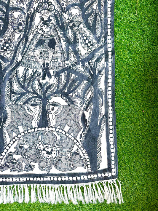 Madhubani Krishna Full Tussar Silk Madhubani Hand-painted Stole