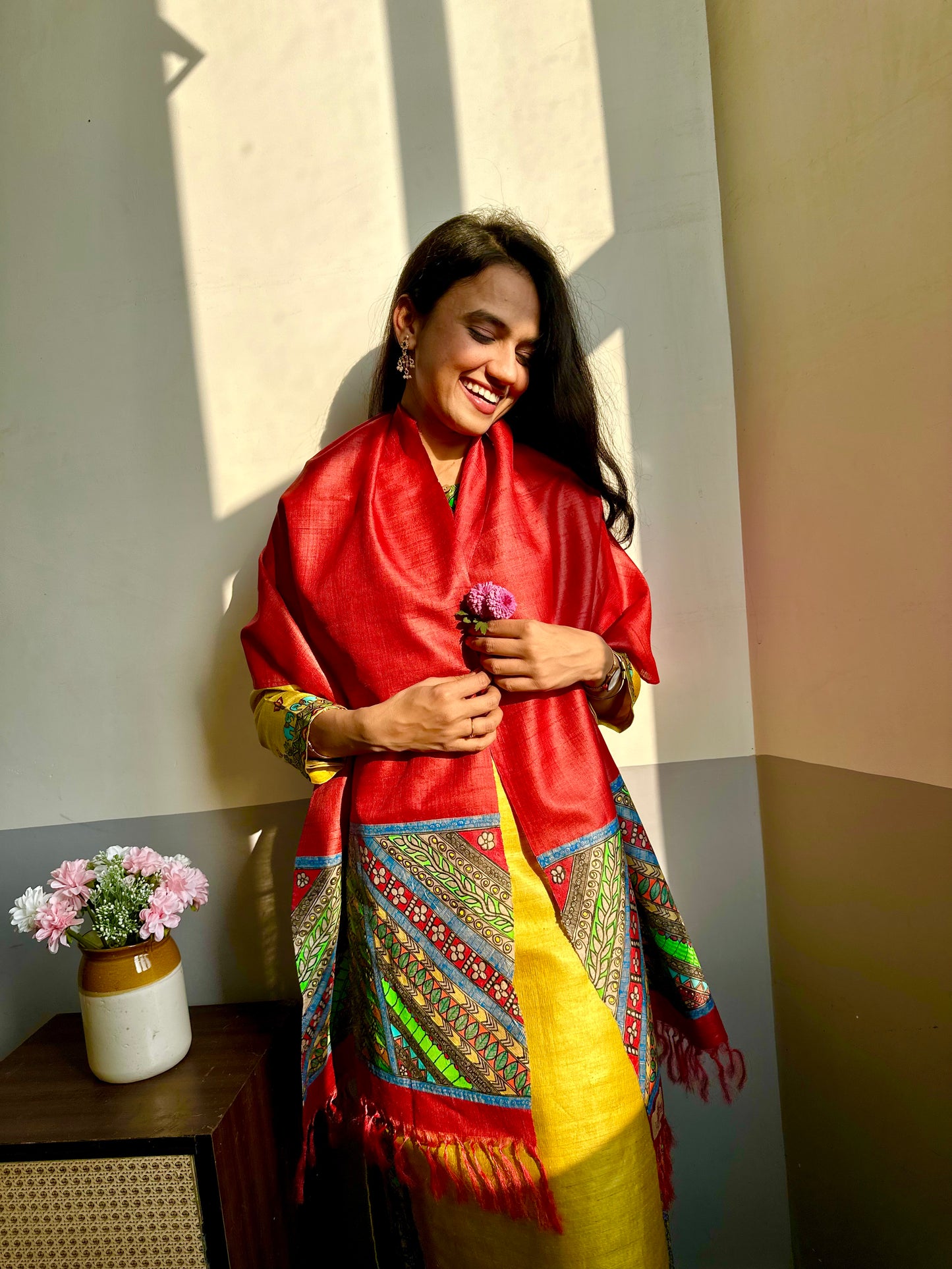 Bharni Fish Hand-painted Madhubani Tussar Silk Stole