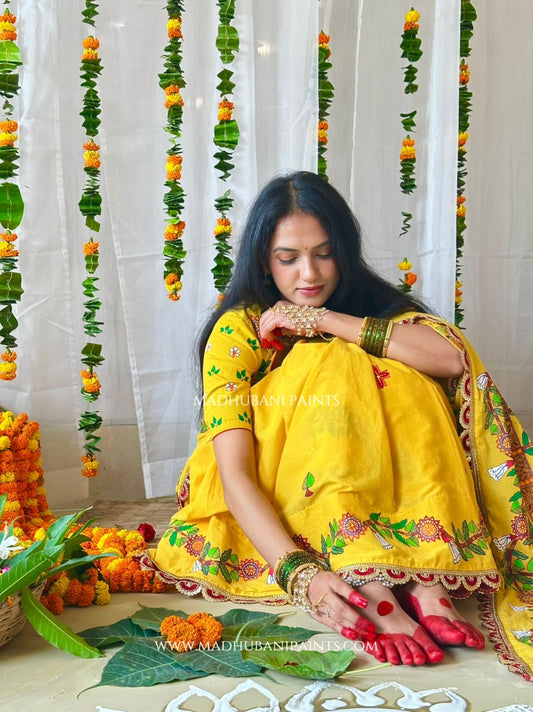 Madhushravani Yellow Bridal Hand-painted Madhubani Painting Cotton Saree