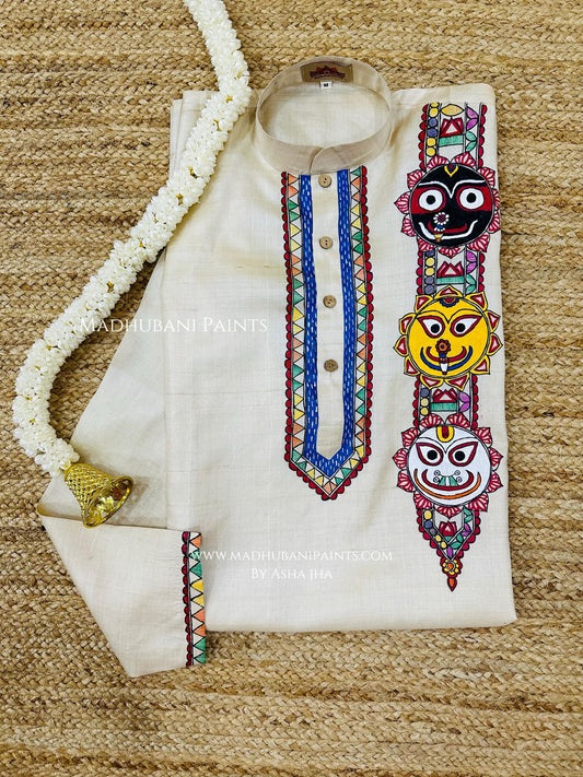Lord Jagannatha, Subhadra and Balabhadra Hand-painted Madhubani Men's Tussar Silk Kurta