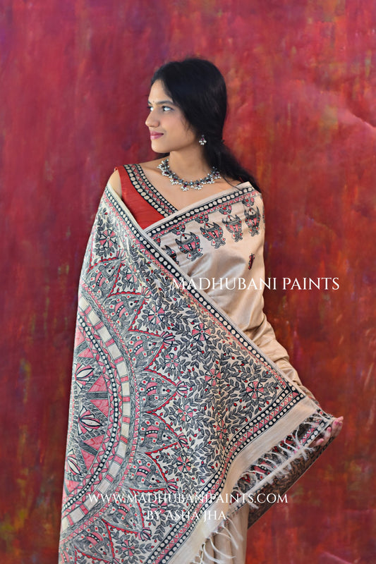 LAAL KAMAL MANDALI Hand-painted Madhubani Tussar Silk Saree Blouse Set