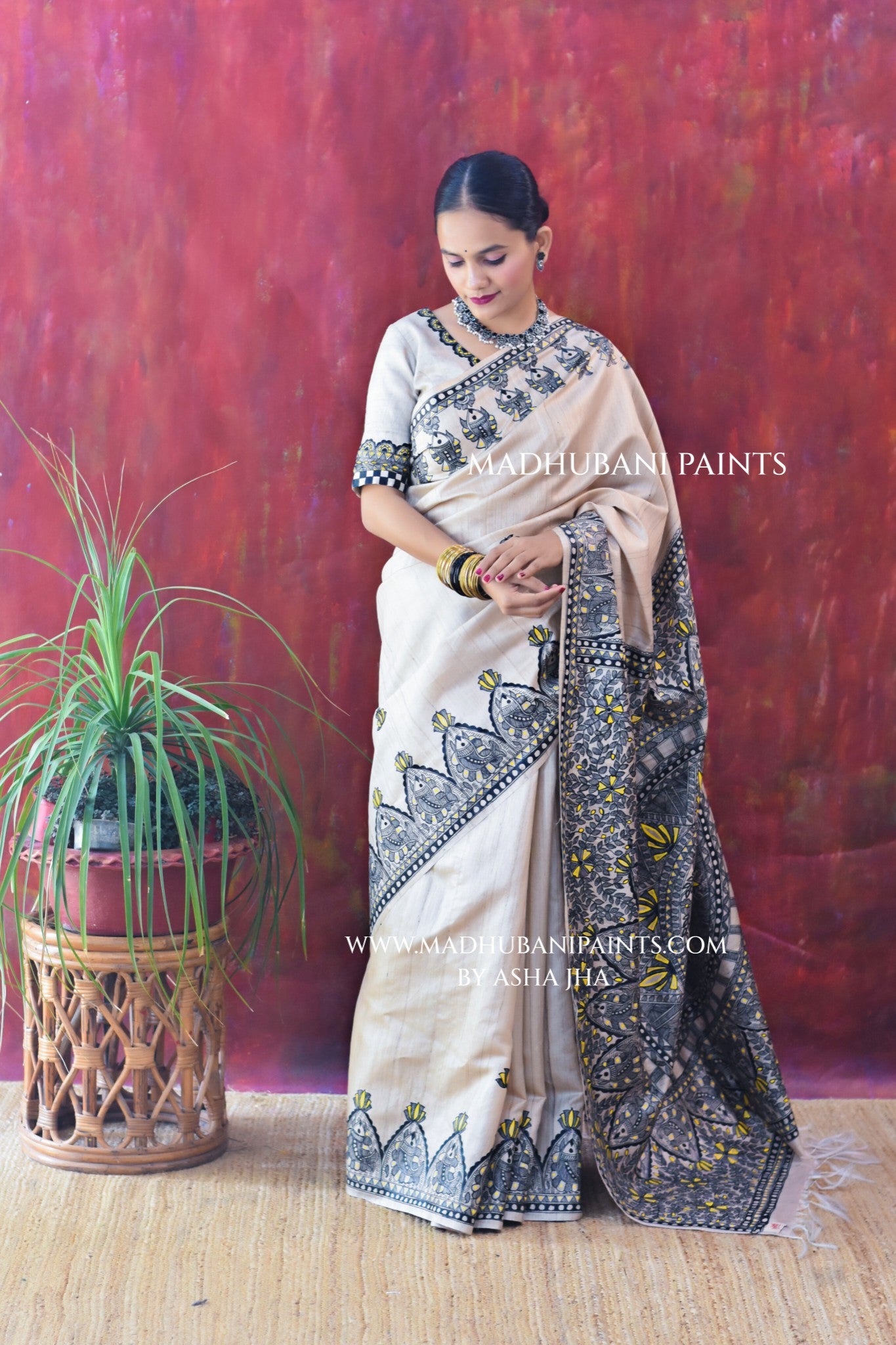 KAMAL MANDALA Hand-painted Madhubani Tussar Silk Saree Blouse Set