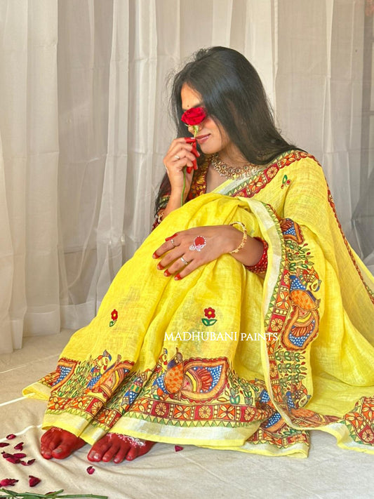 Linen Bridal Hand-painted Madhubani Painting Saree
