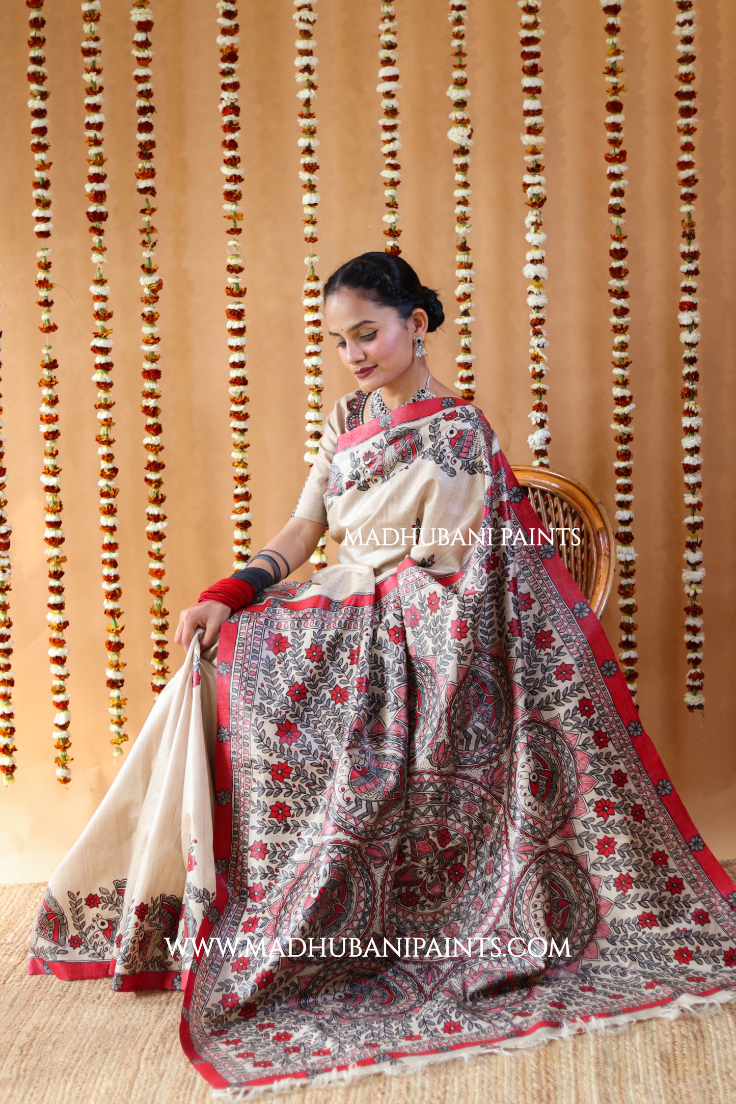 'MORNI' Handpainted Madhubani Tussar Silk Saree Blouse Set