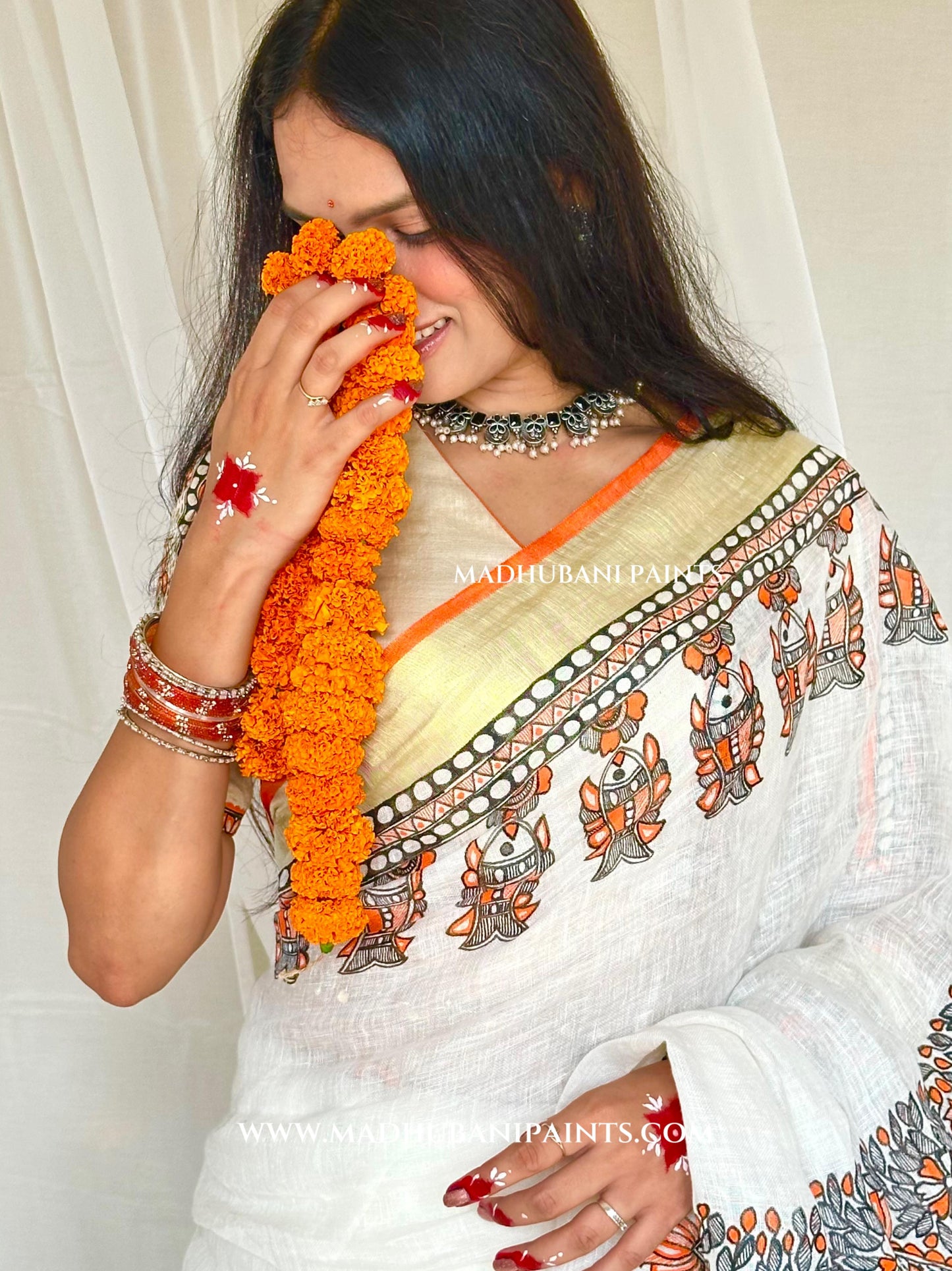 Linen Radha Krishna Hand-painted Madhubani Painting Saree