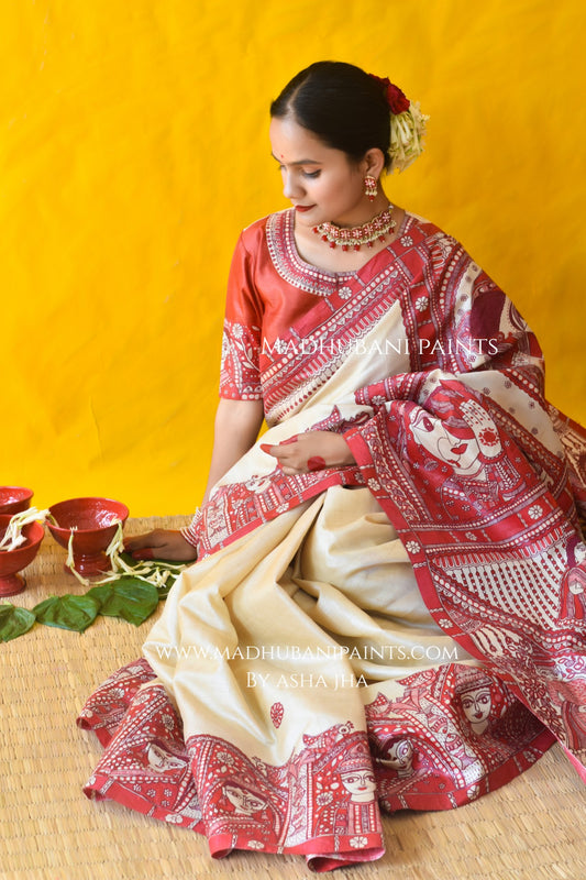 MADHUBANI MANGALYA Hand-painted Madhubani Tussar Silk Saree