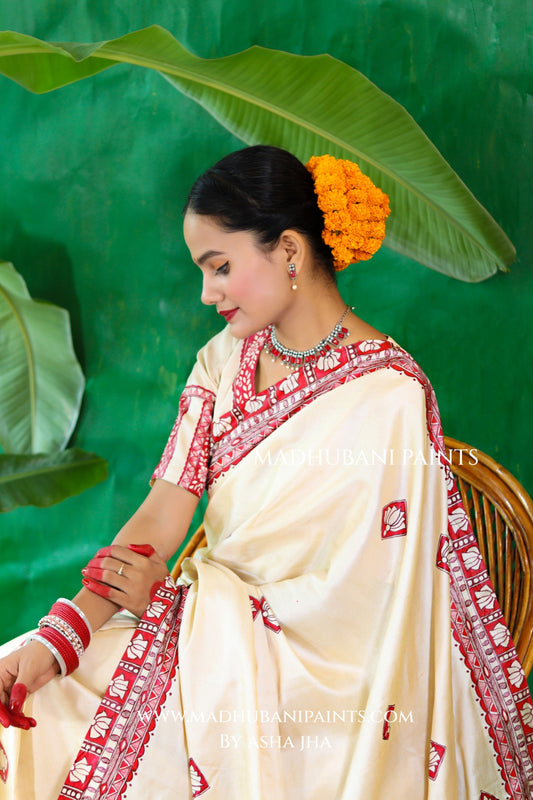 KAMALAKSHI Chhath Puja Handpainted Madhubani Tussar Silk Saree