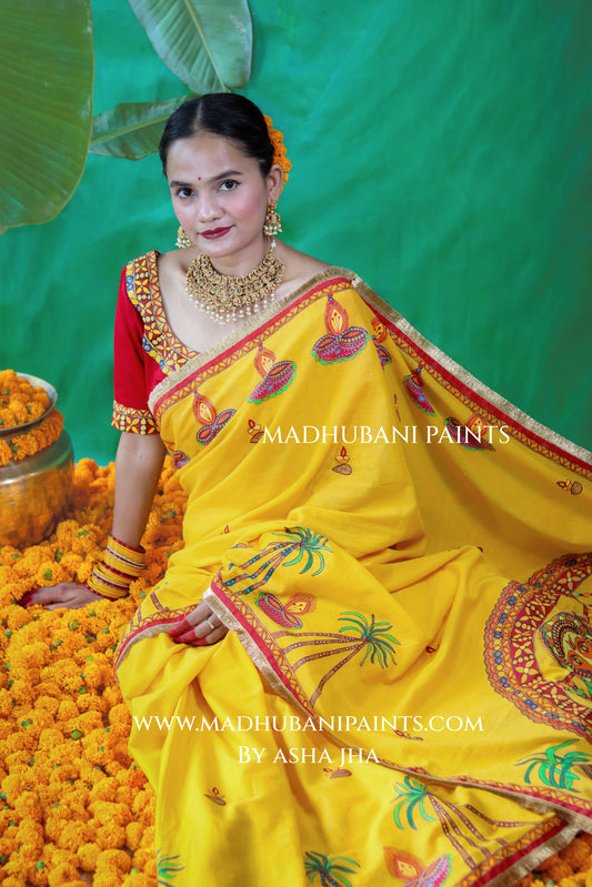 CHHATH PARV Hand painted Madhubani Mul Cotton Saree Blouse Set