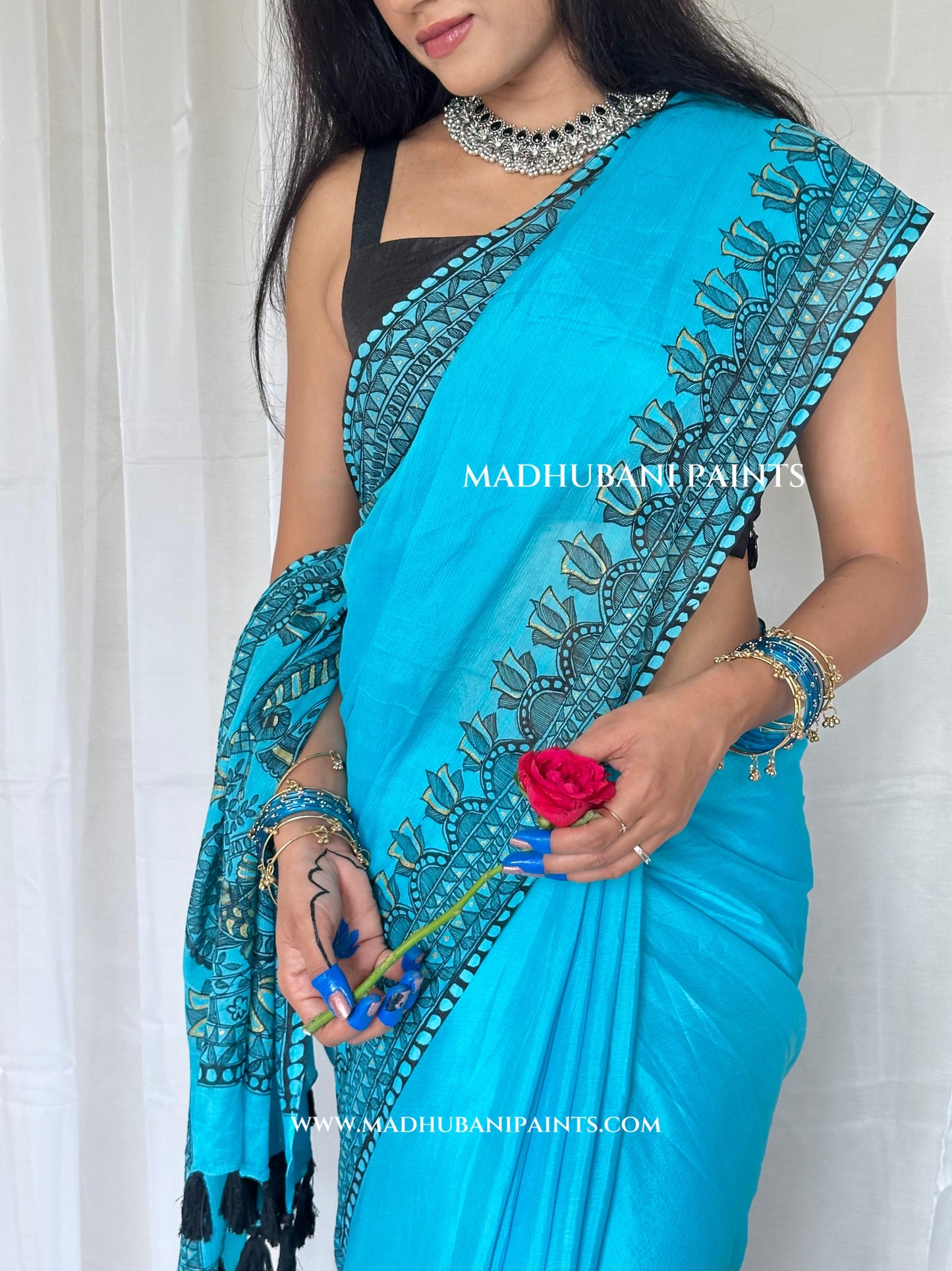 Aasmani Doli Hand-painted Madhubani Chiffon Saree