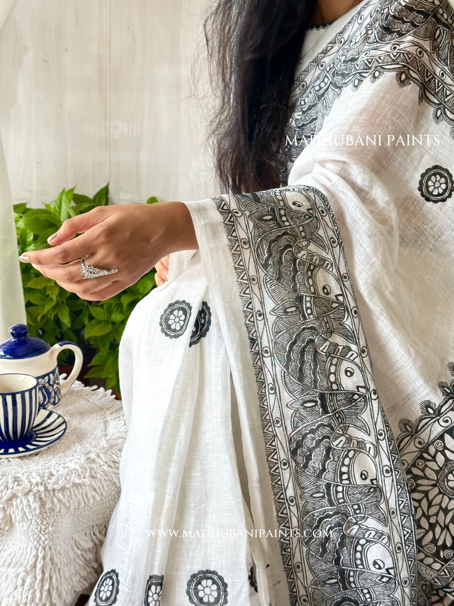 Linen Sagar Shringar Hand-painted Madhubani Painting Saree