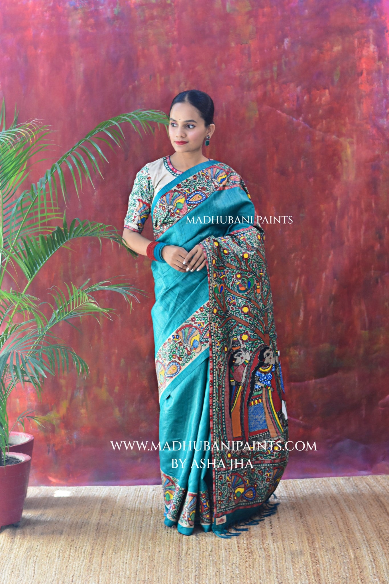 ANANDMAYI Handpainted Madhubani Tussar Silk Saree Blouse Set