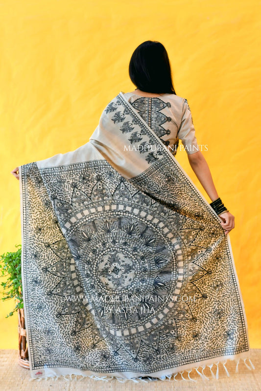 KAMAL MANDALI Hand-painted Madhubani Tussar Silk Saree