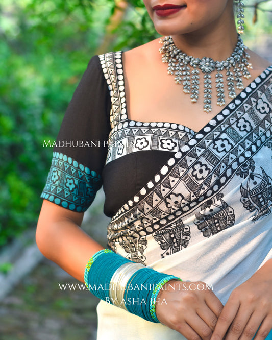 Neel Ujala Hand-painted Madhubani Chiffon Blouse
