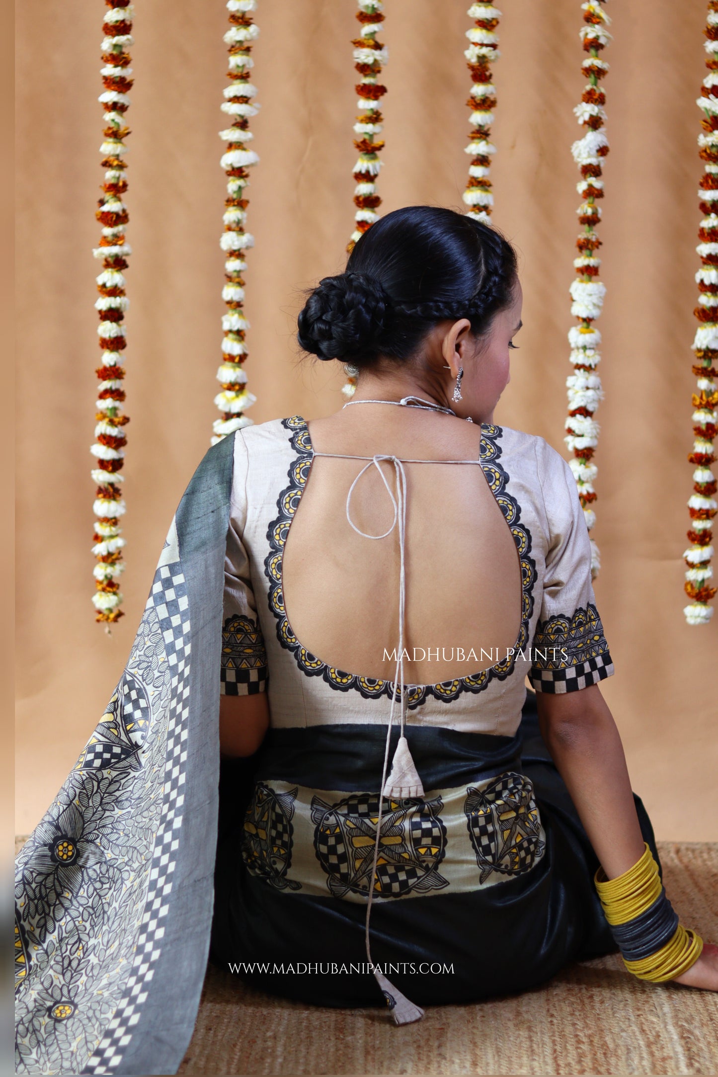 SAMUNDRAMAYI Yellow Hand-painted Madhubani Tussar Silk Saree Blouse Set