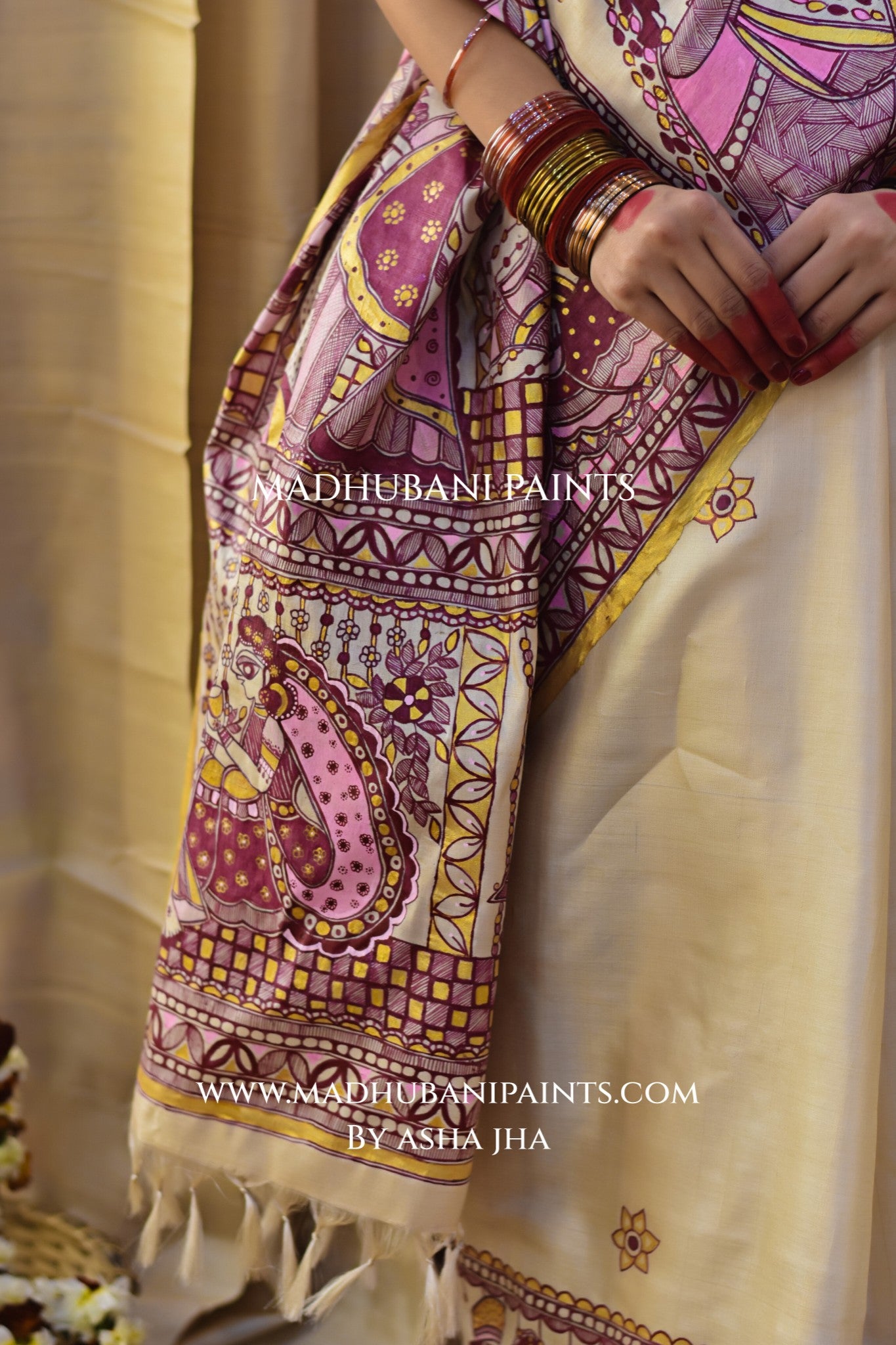 SUHAGIN Hand-painted Madhubani Tussar Silk Saree Blouse Set