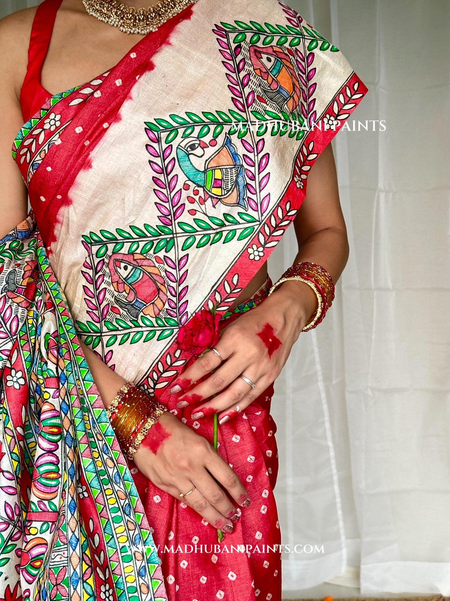 GULAB Handpainted Tussar Silk Bandhini Madhubani Saree