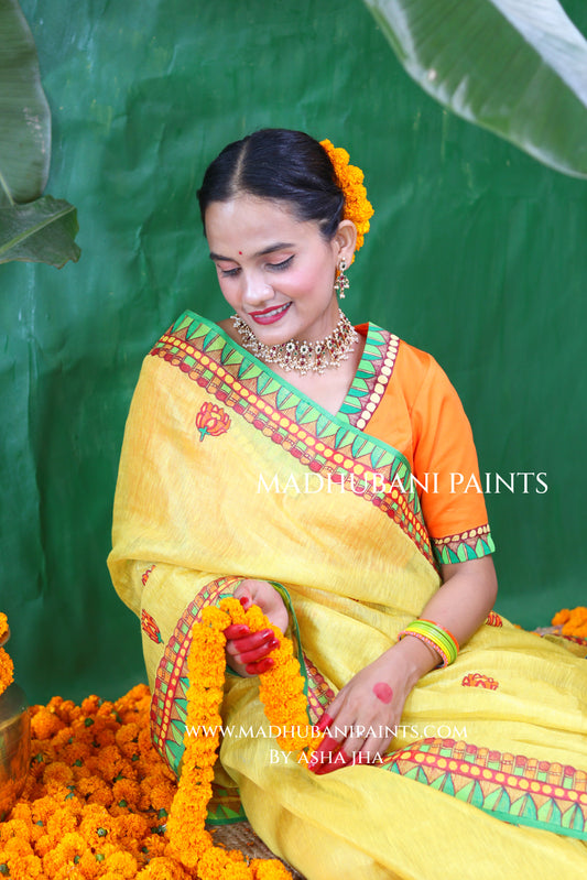 VRATI Chhath Puja Handpainted Madhubani Tissue Linen Saree Blouse Set
