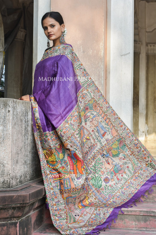 Gaon Ghaar Madhubani Hand-painted Tussar Silk Saree