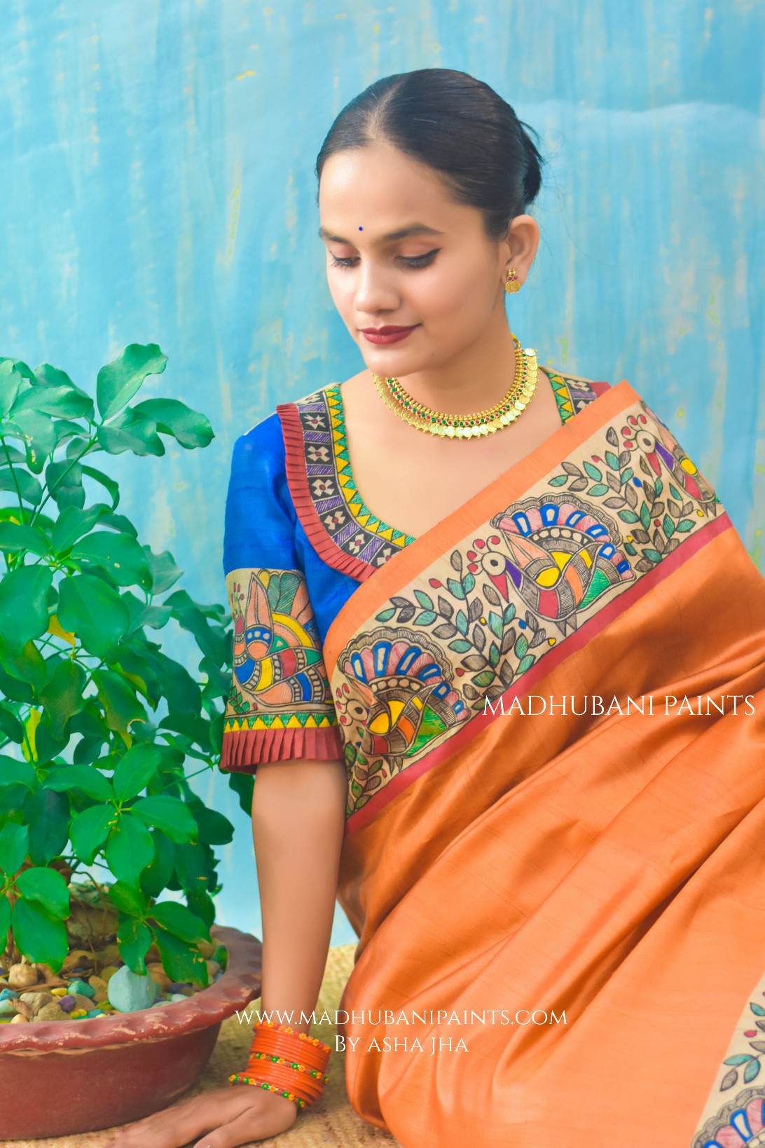 'NARANGI DOLI' Hand Painted  Madhubani Tussar Silk Saree