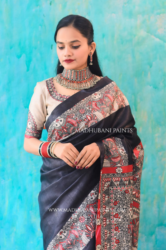 'MATSYA MANJARI' Hand-painted Madhubani Tussar Silk Saree Blouse Set