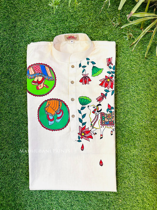 Radha Raman Nandi Hand-painted Handloom Men's Beige Cotton Kurta