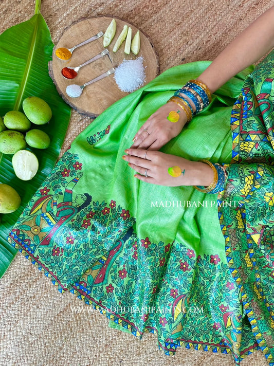 'Ammua Mahuwwa' Handpainted Madhubani Tussar Silk Saree