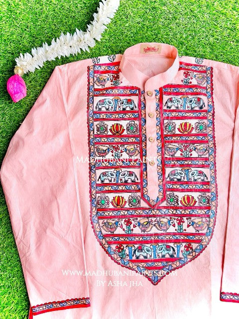 Pink Hathi Mor Machli Hand-painted Madhubani Men's Cotton Kurta