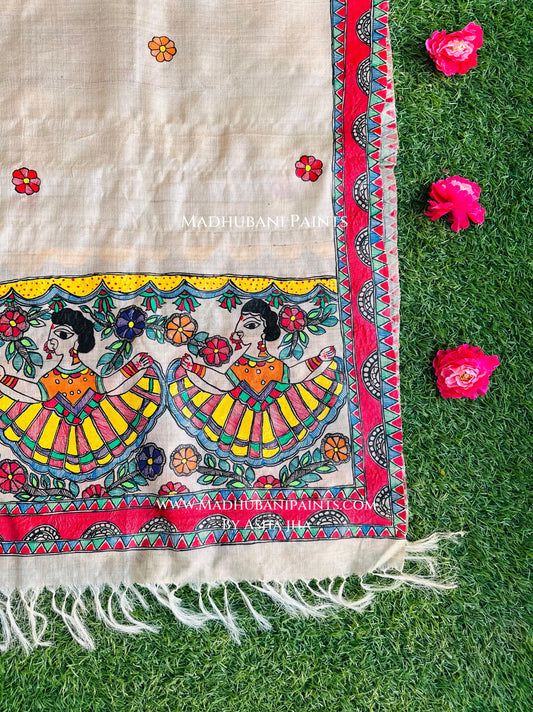 Vrindavan Gudiya Tussar Silk Madhubani Hand-painted Stole