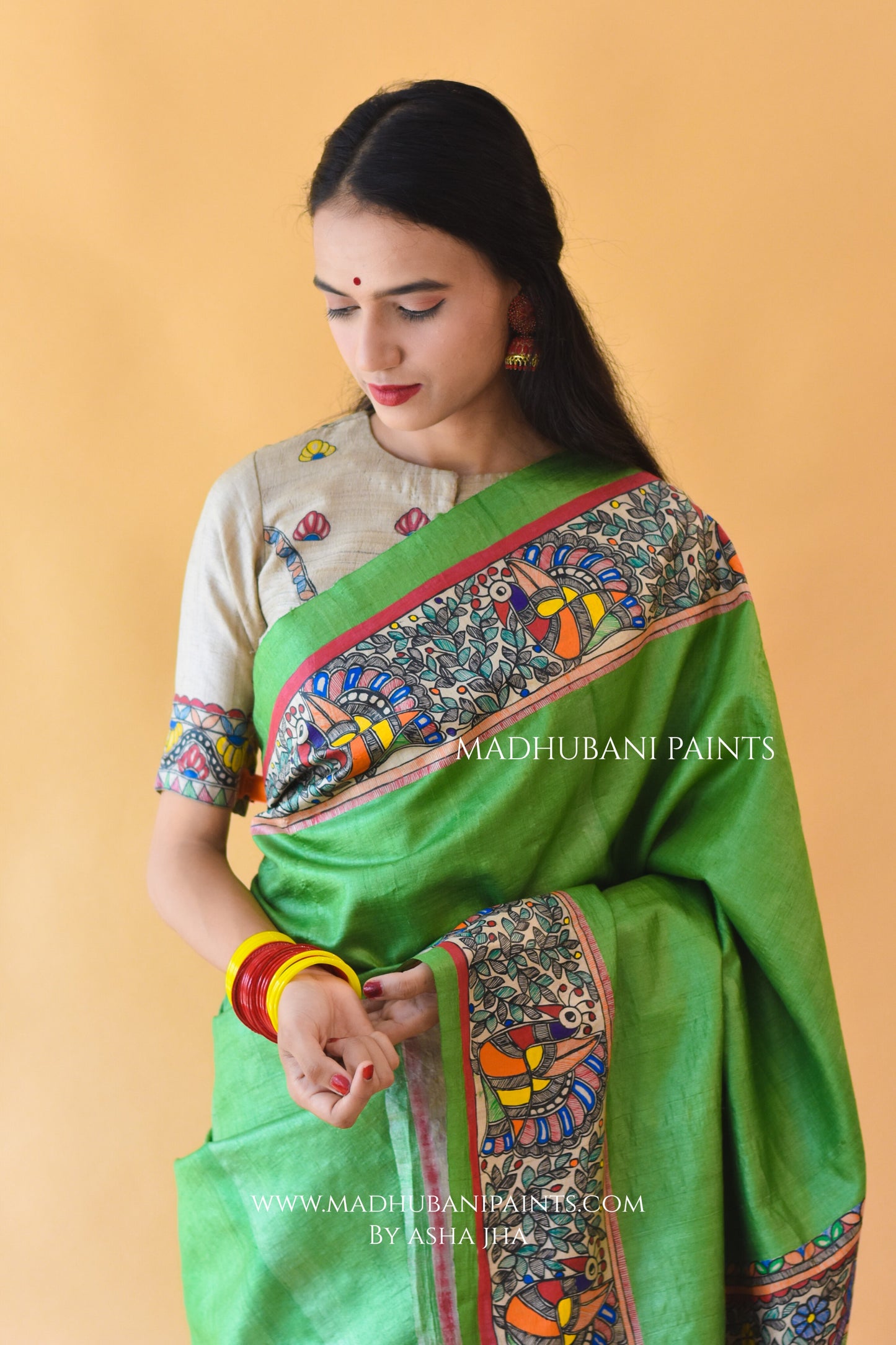 "Hariyali Ramayan" Hand-painted Madhubani Tussar Silk Saree Blouse Set
