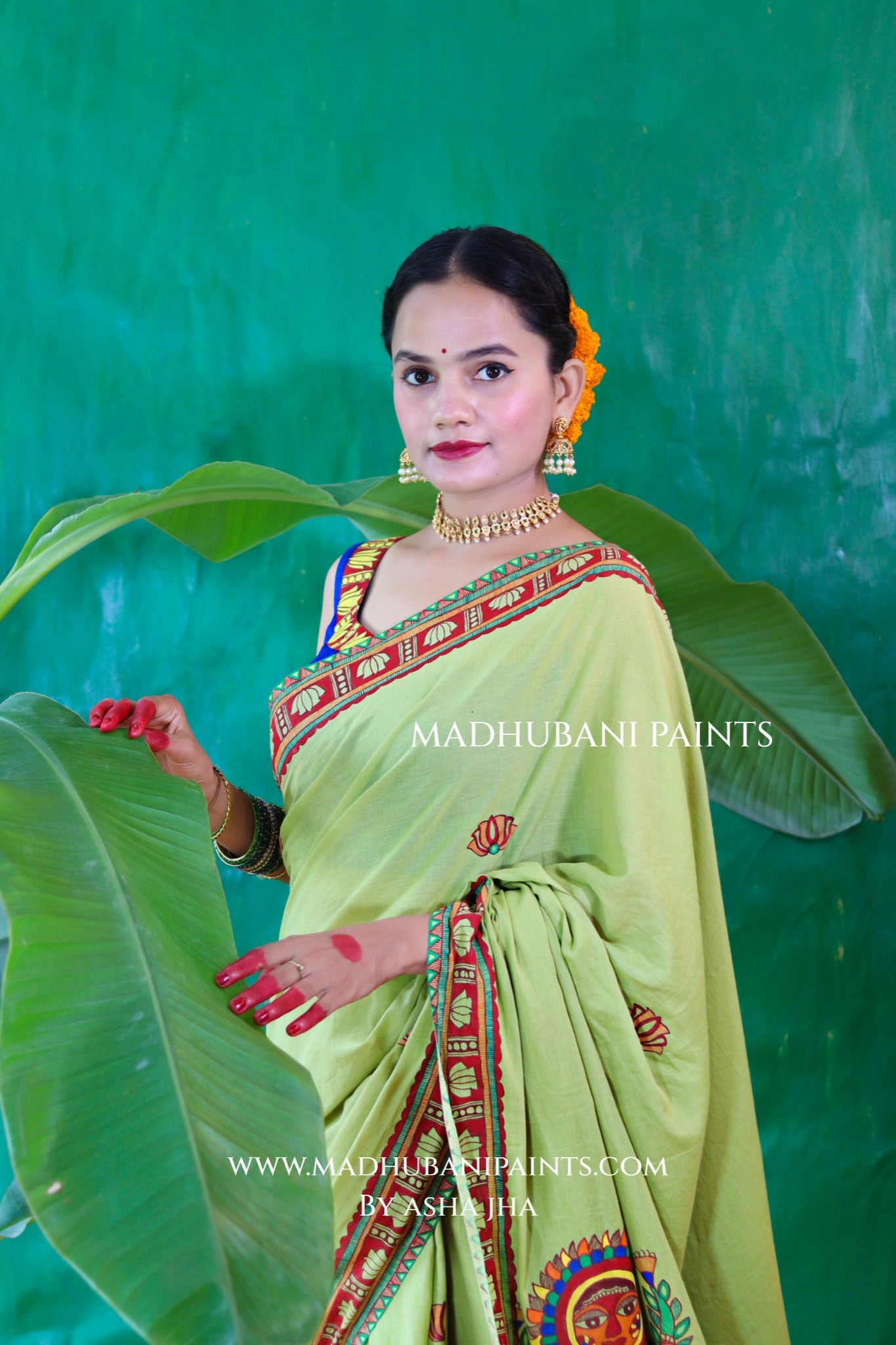 BHAKTI BHAVA Chhath Puja Hand painted Madhubani Mul Cotton Saree