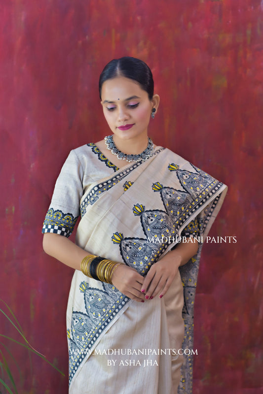 KAMAL MANDALA Hand-painted Madhubani Tussar Silk Saree Blouse Set