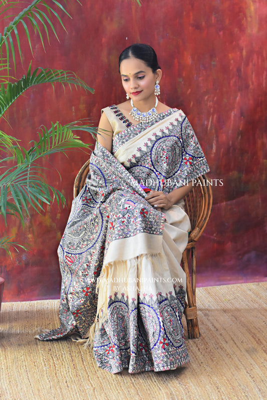 MITHILA Handpainted Madhubani Saree Blouse Set