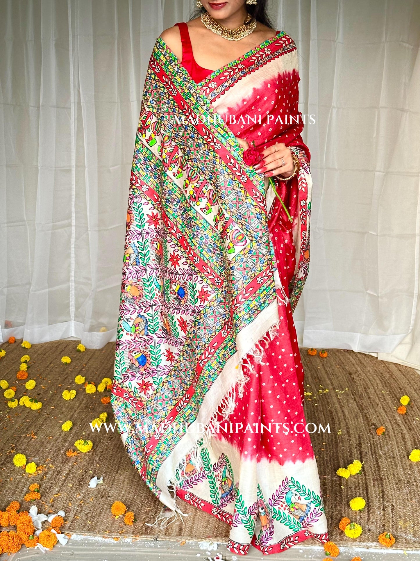 GULAB Handpainted Tussar Silk Bandhini Madhubani Saree